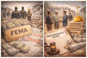 Split illustration comparing FEMA disaster relief fraud investigations with the role of performance bonds in promoting transparency, accountability, and financial protection in post-disaster reconstruction projects.