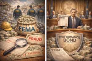llustration depicting FBI investigation of FEMA Katrina fund fraud alongside a courtroom scene emphasizing performance bonds as a safeguard against contractor misconduct and misuse of public recovery funds.