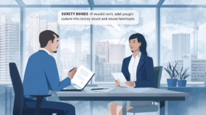 Business professionals reviewing surety bond documents during a consultation, illustrating how choosing the right surety bond provider supports compliance and risk management.