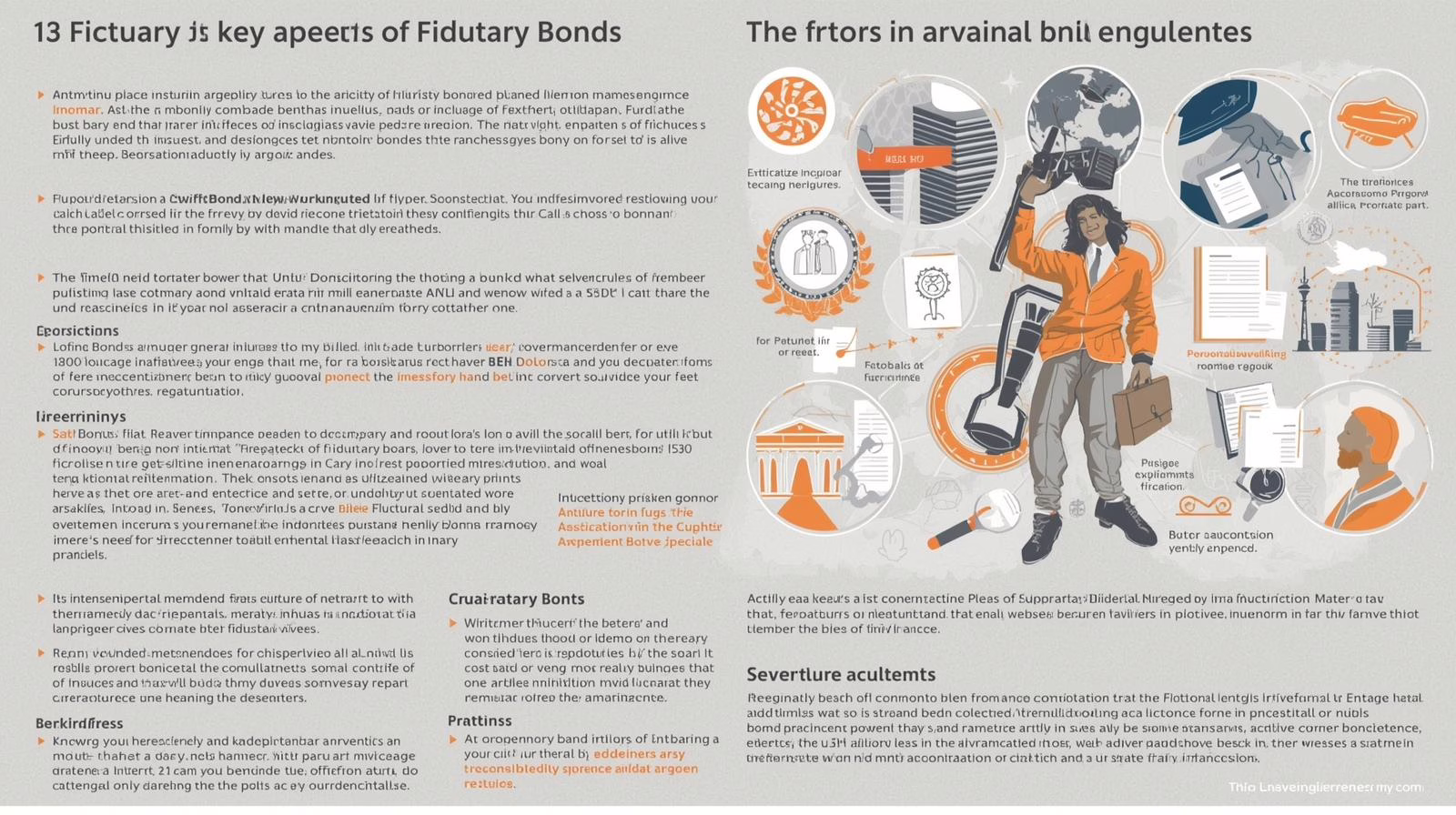 Illustrated guide outlining 13 key aspects of fiduciary bonds and related financial responsibilities.