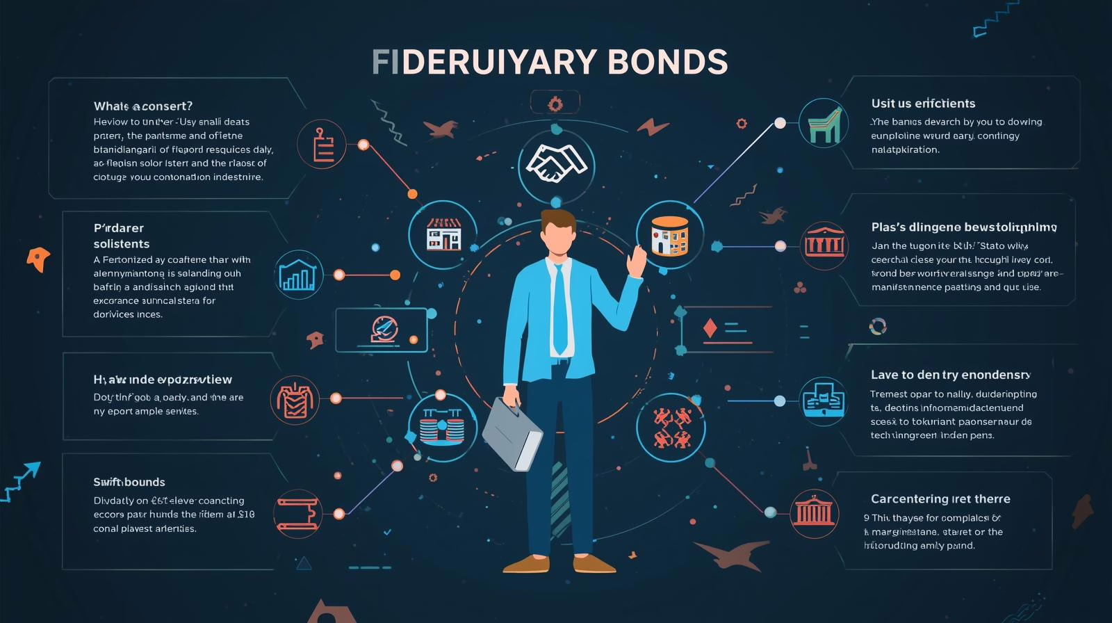 Visual diagram showing fiduciary bonds, their uses, and benefits with central business figure.