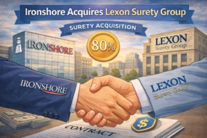 Ironshore acquisition of Lexon Surety Group illustrated with handshake symbolizing surety bond market consolidation.
