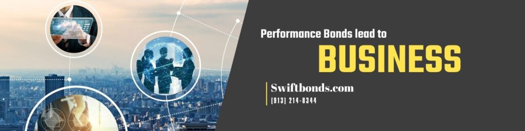 Performance bonds lead to business - The banner shows individual talking and working and a buildings in a city as a background.