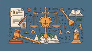 Probate law illustration showing scales of justice, legal documents, and court authority, representing probate bonds, estate settlement, and fiduciary accountability.