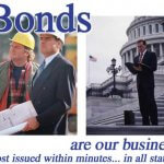 Buy surety bonds - The image shows a two contractors holding a blueprint and a surety agent.