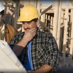 Where to buy a surety bond image - The image shows a contractor looking at his blueprint and wearing a yellow hard hat.