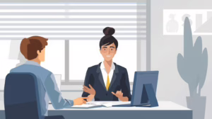 Manager discussing OSHA workplace safety policies with an employee during a compliance review meeting at an office desk.
