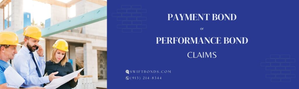 Payment Bond or Performance Bond Claims - The banner shows three contractors looking at their blueprint with a colored dark blue at the right side.