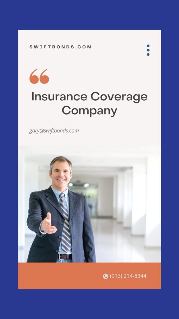 Insurance Coverage Company - The banner shows an agent smiling and ready to shake a hand in a hall. With a colored dark blue background.