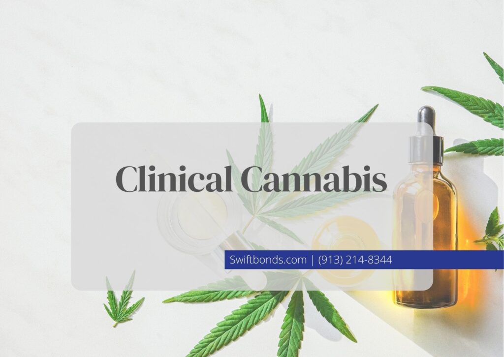 Clinical Cannabis - Image shows a cannabis leaves and drop bottle in a white table.