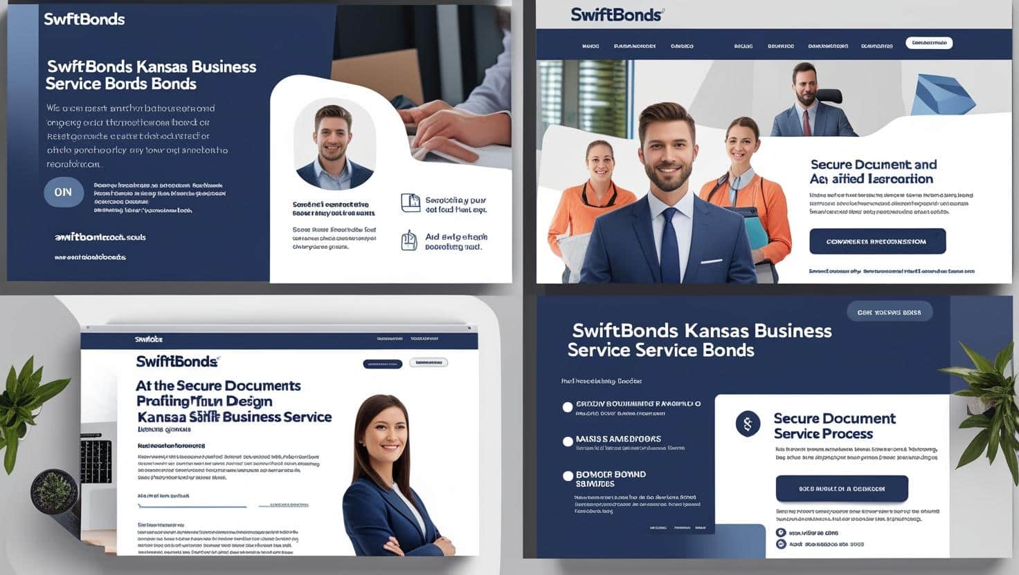 Infographic layout showing SwiftBonds Kansas Business Service Bonds with secure documentation details and smiling business professionals.