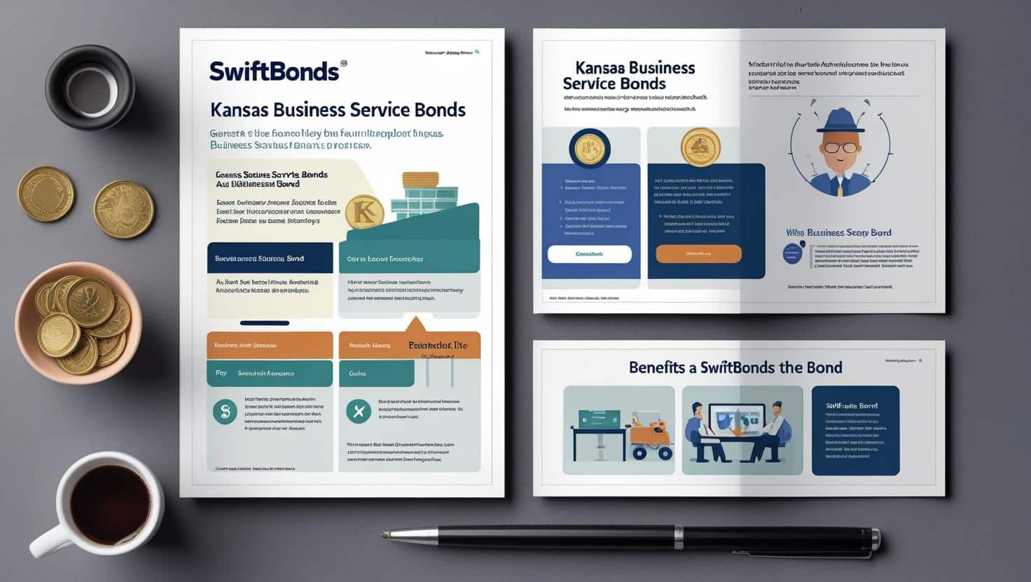 Flat lay design featuring Kansas Business Service Bonds infographic with coins, coffee, and service bond benefits.