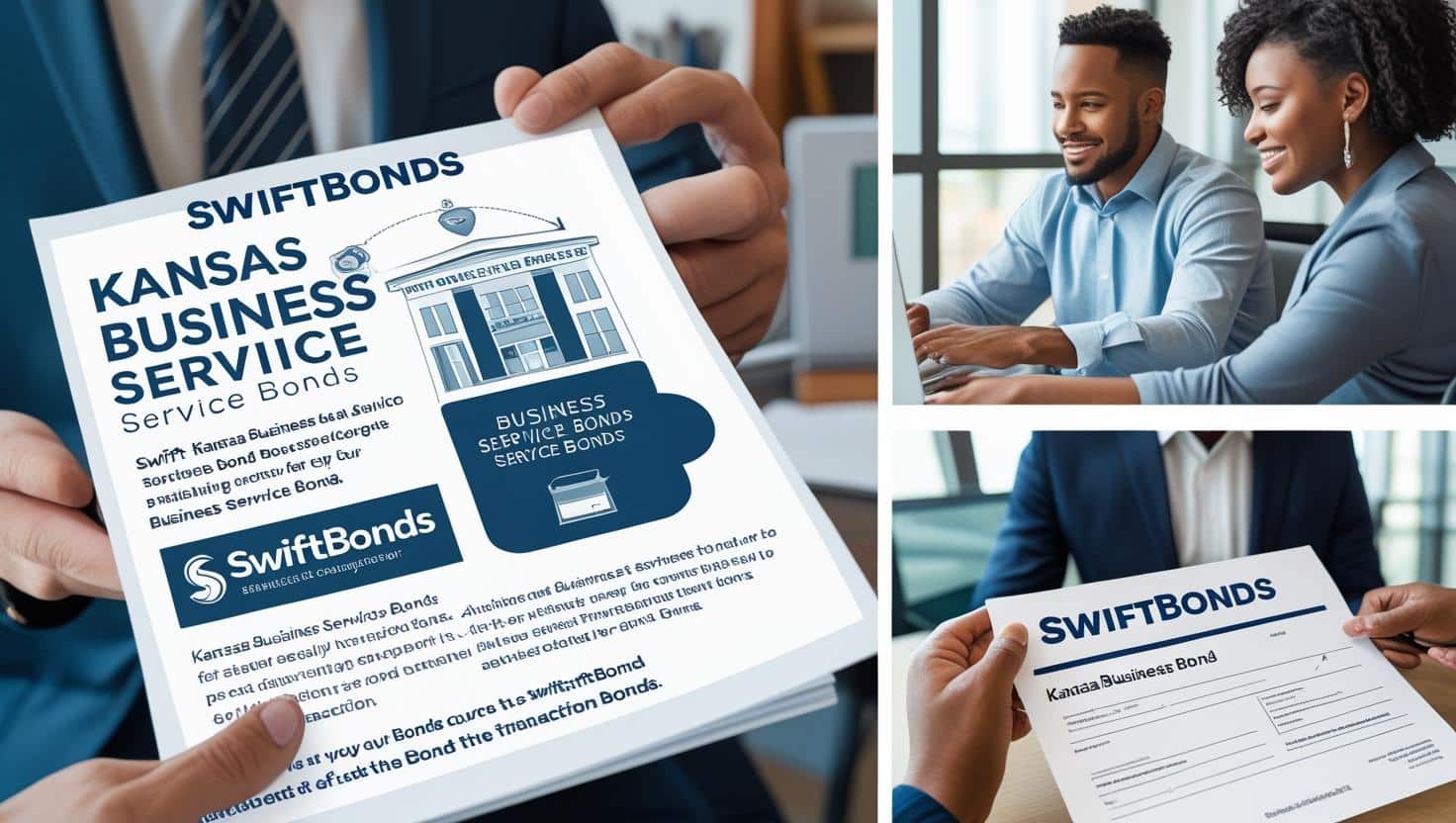Business professionals reviewing Kansas Business Service Bonds documents and applications in an office setting.