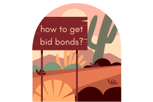 An artistic illustration of an Arizona desert scene with a wooden sign that reads "How to get bid bonds?", capturing the process of obtaining bid bonds in Arizona’s contracting industry.