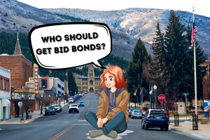 Illustration of a person sitting in a small town with mountains in the background, discussing bid bond eligibility in Montana.