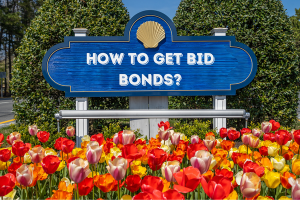 Colorful tulip garden with a signboard reading 'How to Get Bid Bonds?' emphasizing bid bond acquisition in Delaware.