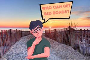 Person thinking on a Delaware beach at sunset with a speech bubble asking 'Who Can Get Bid Bonds?' showcasing the query about bid bond eligibility.