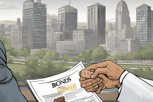 Businessman handing an approved bond document in front of a cityscape, symbolizing the approval process of bid bonds in Delaware.