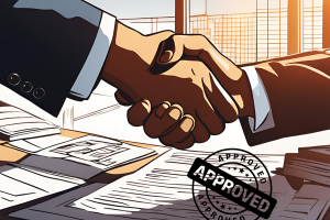 Two businesspeople shaking hands with an 'Approved' stamp in the foreground, symbolizing the successful approval of a bid bond application.