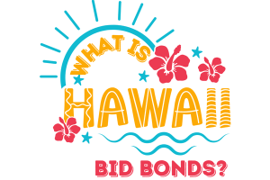 Colorful graphic with hibiscus flowers and a rising sun, titled 'What is Hawaii Bid Bonds?' emphasizing the importance of bid bonds in the Hawaiian construction industry.