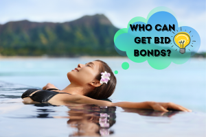 Relaxing woman floating in a Hawaiian pool with a flower in her hair, thinking about 'Who Can Get Bid Bonds?' — representing the accessibility of bid bonds for contractors in Hawaii.