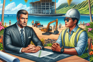 Two contractors discussing construction plans on a tropical beach with palm trees and a construction site in the background, symbolizing bid bonds in Hawaii’s building projects.