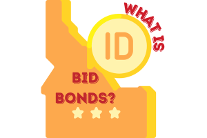 Illustration of Idaho with a question mark and text 'What is Bid Bonds?' showcasing bid bonds information for Idaho contractors.