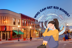 Visual of a concerned person sitting in front of a scenic Idaho town with the question 'Who Can Get Bid Bonds?' highlighting eligibility for bid bonds in Idaho.