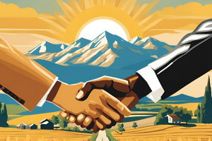 Illustration of a handshake with Idaho mountains in the background, symbolizing partnerships and agreements secured by bid bonds in Idaho.