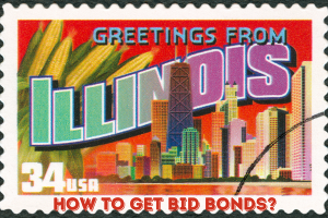 Greetings from Illinois - How to get Illinois bid bonds - Iconic skyline and cornfield elements with focus on bid bonds for construction projects