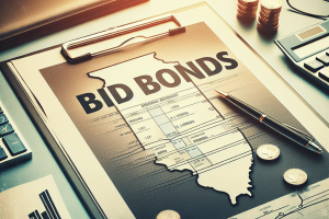 llinois Bid Bonds document on a clipboard with coins, pen, and calculator highlighting the process of applying for bid bonds