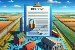 Graphic of a Bid Bond approval document, representing the official process of obtaining a bid bond in Indiana, with agricultural and community elements in the background.