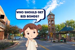 Cute cartoon girl standing in a small Kansas town, with speech bubble asking 'Who should get bid bonds?' to engage readers on the subject of who benefits from bid bonds.