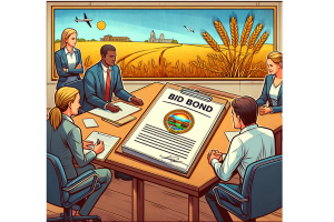 Business meeting in Kansas, with professionals discussing a 'Bid Bond' document, against a backdrop of wheat fields and Kansas landmarks.