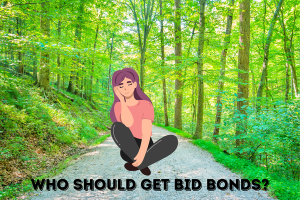 A thoughtful individual sitting on a peaceful path surrounded by trees, with the question 'Who Should Get Bid Bonds?' overlaying the image, symbolizing contemplation on bid bond eligibility in Kentucky.