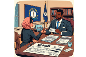 An illustration of two professionals in an office setting signing a bid bond contract in Kentucky, emphasizing the formal process involved in securing bid bonds."