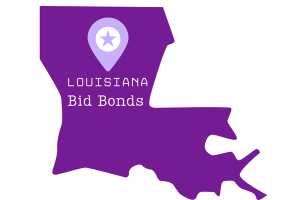 Purple map of Louisiana with a marker pinpointing 'Louisiana Bid Bonds' as a key topic for contractors seeking bid bond information.