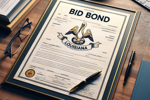 Official Louisiana bid bond certificate on a desk, representing the formal documentation needed for bid bonds in Louisiana construction projects.