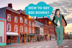 How to get bid bonds - Conceptual graphic of a woman thinking about bid bonds in a scenic small town street in Maine.