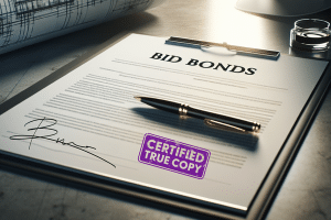 Close-up of a bid bond document with a pen and a certified true copy stamp, representing official bid bond forms and documentation in Alaska.