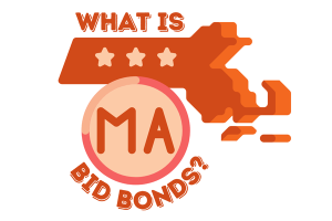 Illustration of Massachusetts state map with three stars, featuring bold text reading 'What is MA Bid Bonds?' in vibrant orange and red tones. This graphic creatively represents the concept of bid bonds in Massachusetts.