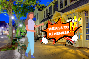 Graphic of a woman standing on a peaceful Massachusetts street with an animated pop-up message that says 'Things to Remember!!', representing important points related to bid bonds.