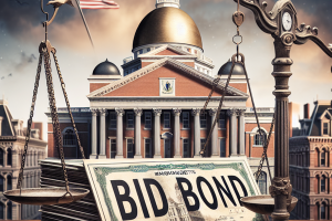 Realistic image of Massachusetts State House with legal scales, a stack of papers labeled 'Bid Bond,' and the state flag, symbolizing legal and financial processes involved in securing bid bonds in Massachusetts.