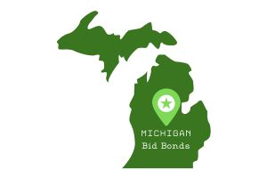 Green Michigan state map with a location pin icon and the text 'Michigan Bid Bonds,' signifying bid bond services across the state.