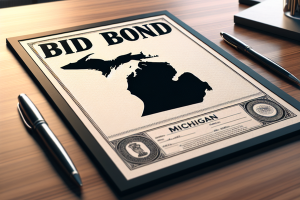 Close-up of a formal bid bond document featuring the Michigan state map, symbolizing bid bond certification and legal requirements in the state.