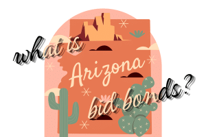 Illustration of an Arizona desert landscape with the text "What is Arizona Bid Bonds?" in bold lettering, accompanied by a cactus and mountains in the background, symbolizing the local context of bid bonds in Arizona.