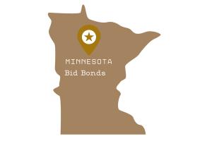 Simple map outline of Minnesota with a location pin and text reading 'Minnesota Bid Bonds,' emphasizing where to find bid bonds in the state.