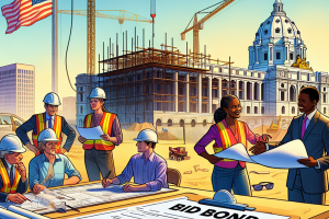 Illustration of a construction crew reviewing plans at a building site near the Minnesota State Capitol, with a bid bond document in the foreground, representing the role of bid bonds in construction projects.