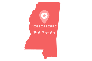 Mississippi Bid Bonds illustration showing the state map in red with a marker icon highlighting 'Mississippi Bid Bonds'.