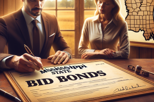 Professional signing a Mississippi State Bid Bonds document in a formal setting, with a map of Mississippi in the background.